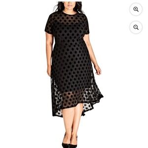 City Chic Black Polka Dot Mesh Midi Dress Size 16 Sheer Overlay
